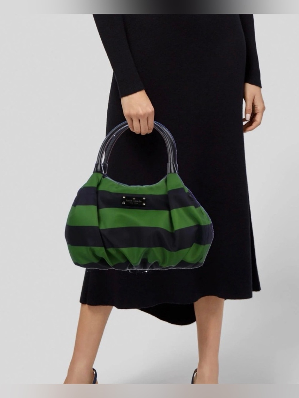 Kate Spade Striped Nylon Tote Bag -Navy & Green-Patent Handles - Vintage Classic